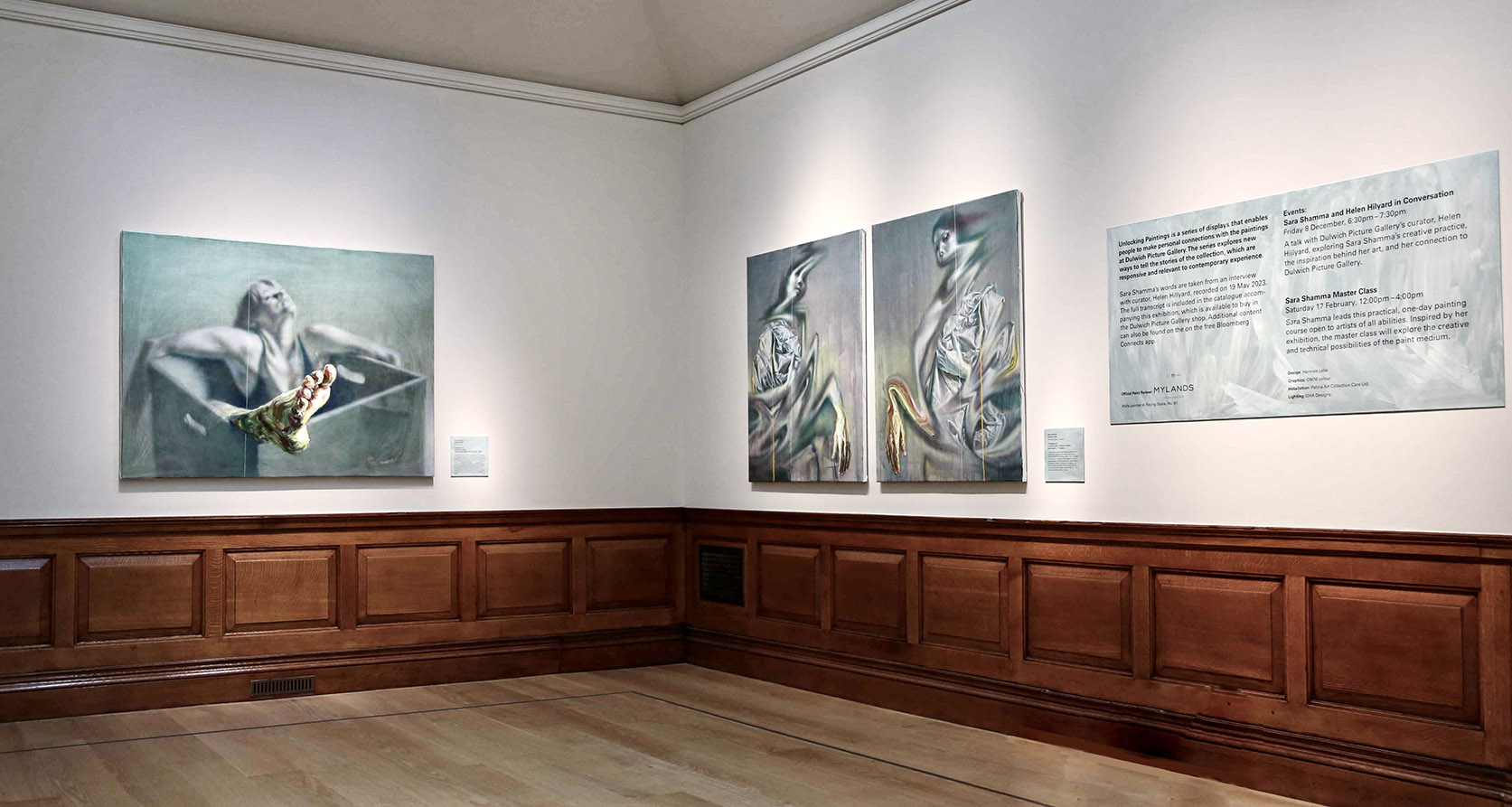 Bespoke painted exhibition plaques referencing artist Sara Shamma's work at Dulwich Picture Gallery London