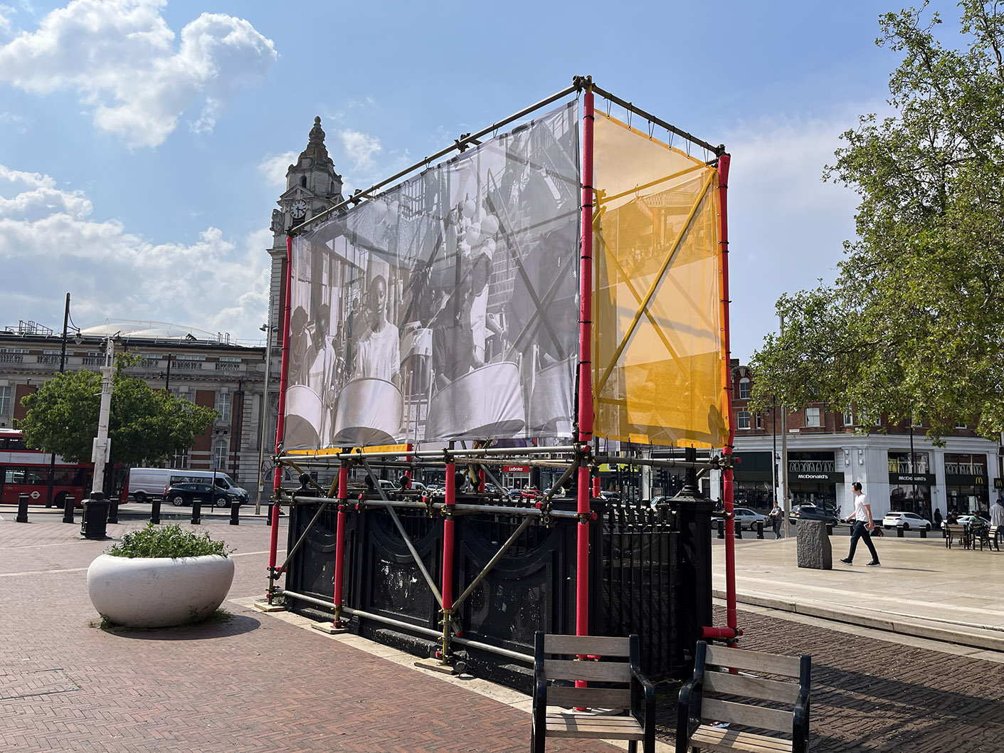 Banner scaffold structure for the community cinema at Brixton Community Cinema London