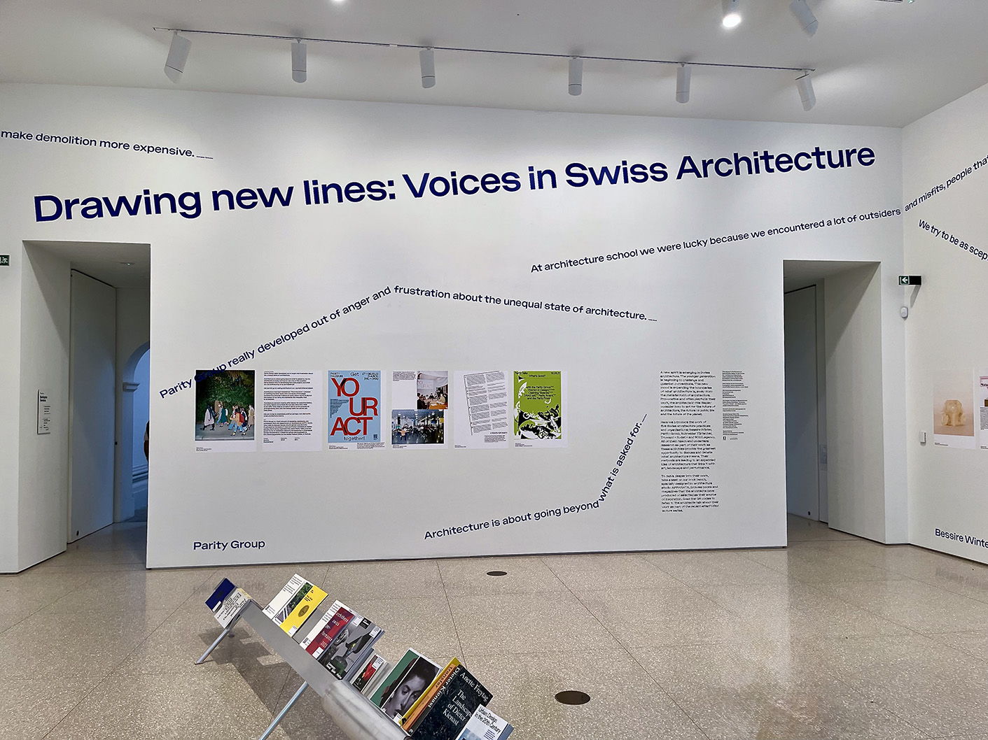 Drawing New Lines emerging Swiss architecture exhibition graphic install at Royal Academy London