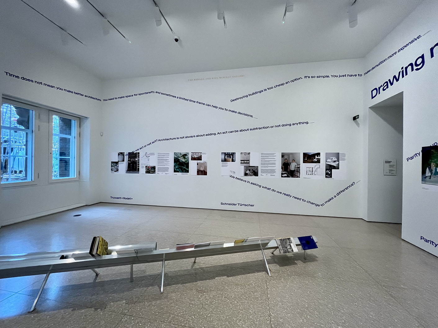 Drawing New Lines emerging Swiss architecture exhibition graphic install at Royal Academy London